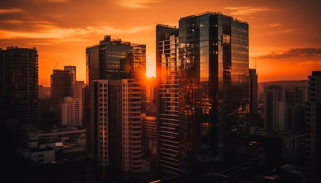 Foto arranha-céus brilhantes refletem o pôr do sol na paisagem urbana moderna gerada por ia