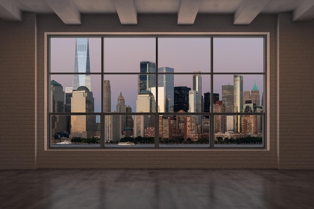 Arranha-céus Centro da Cidade de Nova Iorque Low Manhattan Skyline Edifícios Imobiliário Interior Janela Interior Quarto vazio Vista da cidade Distrito financeiro Noite Renderização em 3d