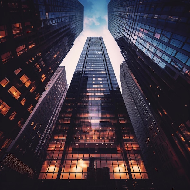 Foto arranha-céus como em nova york vista do chão iluminação brilhante estilo editorial generative ai