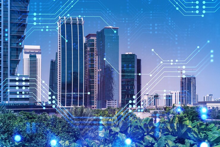 Arranha-céus de vista panorâmica Paisagem urbana moderna da capital do Emirado de Dubai Conceito de tecnologia Dupla exposição