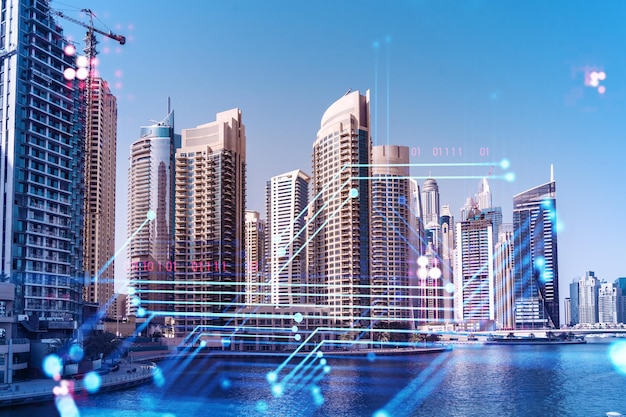 Arranha-céus do centro de negócios de Dubai Centro internacional de comércio e serviços financeiros Ícones de tema de tecnologia holograma conceito de big data Dupla exposição à beira-mar do Canal de Dubai