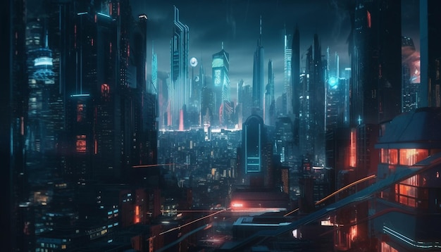 Arranha-céus futuristas iluminam a movimentada vida noturna da cidade gerada pela IA