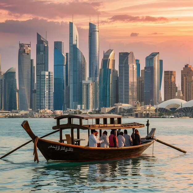 Foto arranha-céus no centro da cidade com água e barco em primeiro plano de doha, qatar