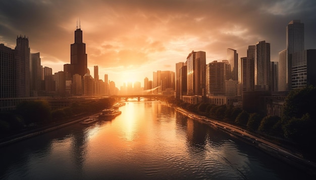 Arranha-céus silhueta skyline da cidade na reflexão do pôr do sol gerada por AI