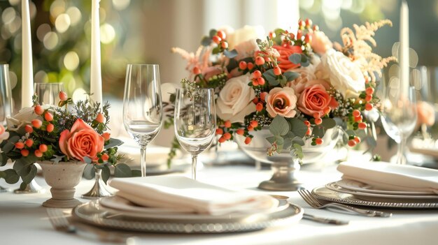 Arranja elegantemente a mesa com velas e flores