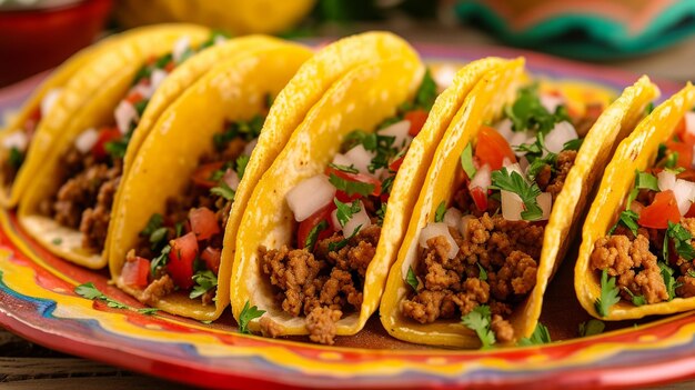 Arranje os tacos cuidadosamente em fileiras em um prato colorido para uma apresentação vibrante Alternativamente, empilhe os tacos um em cima do outro em forma de pirâmide para uma exibição visualmente atraente