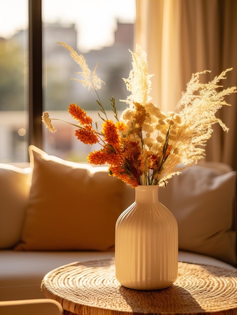 Foto arranjo aconchegante de decoração de interiores de outono, composição de decoração de casa de outono quente, flores secas em vaso, foto aproximada