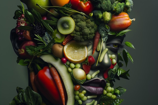 Foto arranjo artístico de frutas e legumes formando um rosto humano