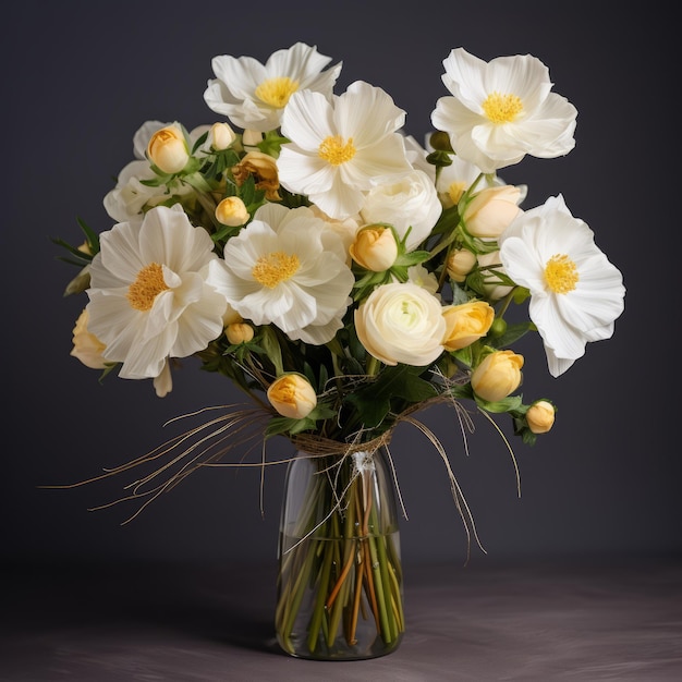 Arranjo Cosmos Rosas brancas e amarelas em um vaso inspirado em Mandy Disher