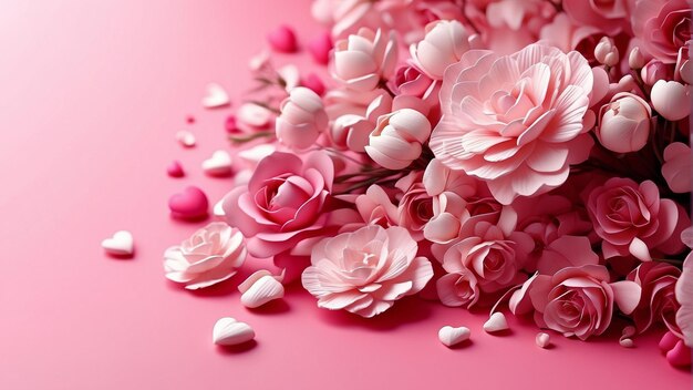 Arranjo de arte floral 3D abstrato para valentins em fundo rosa
