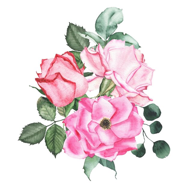 Arranjo de buquê de aquarela com rosas roxas vermelhas, broto, flor, folhas verdes