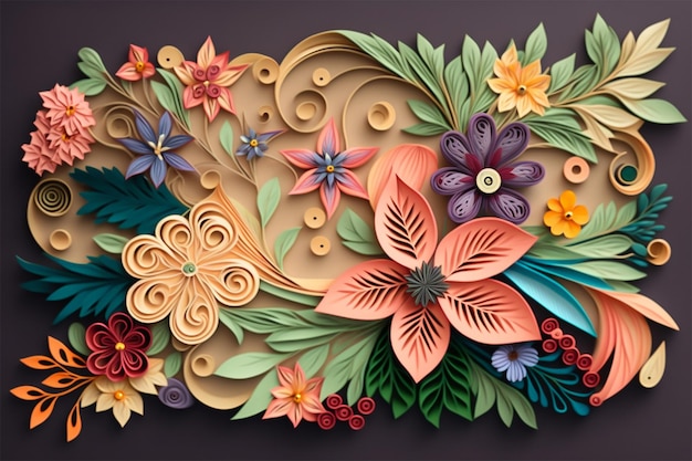 Arranjo de buquê de flores em estilo quilling de papel isolado em fundo escuro