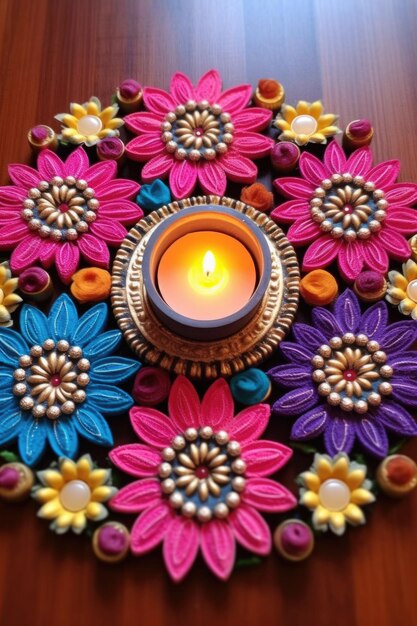 Arranjo de Diwali diyas com rangoli colorido criado com ai generativo