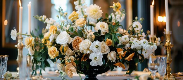 Arranjo de flores de luxo com cores douradas pretas e brancas para casamento e design de interiores