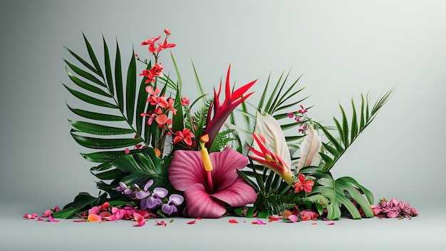 Foto arranjo de flores e folhagem tropicais em fundo cinzento