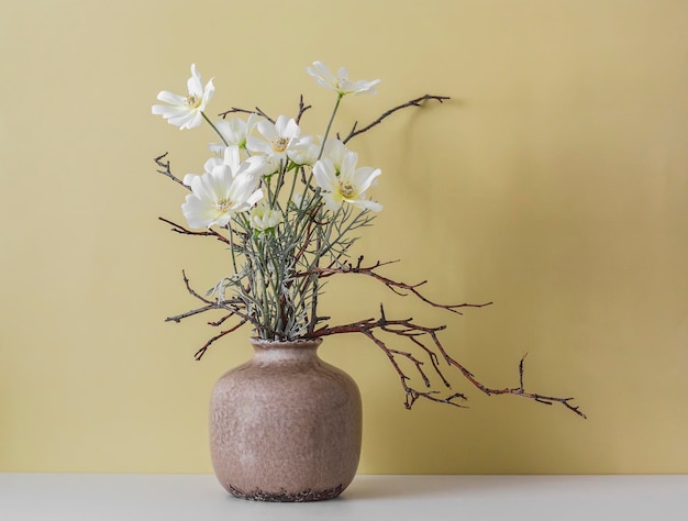 Arranjo de flores em um vaso de cerâmica em um fundo amarelo Copiar espaço