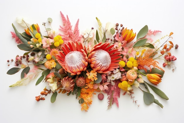 Foto arranjo de flores nativas australianas em fundo branco com espaço para texto