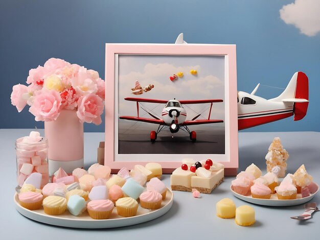Arranjo de fotos com avião e doces