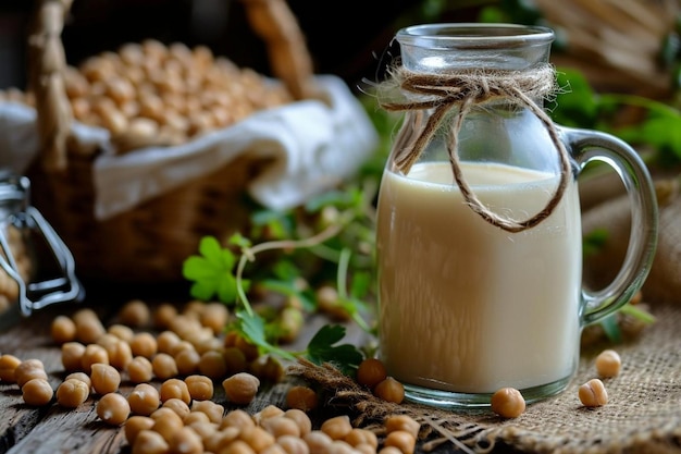 Arranjo de garrafa de leite e grão de bico