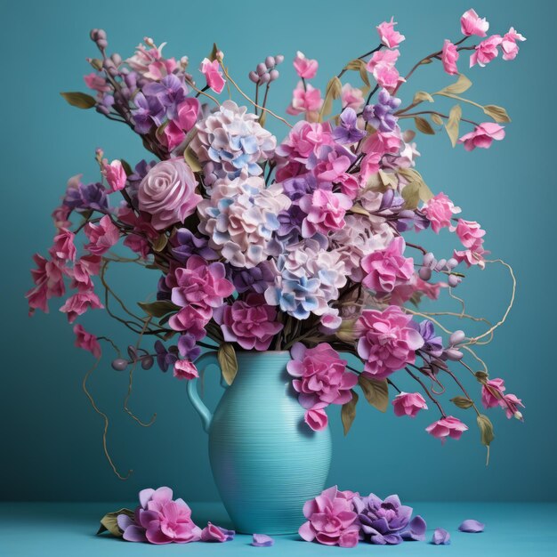 Arranjo de lilás, azul e rosa, explosão floral em 3D.