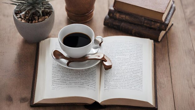 Arranjo de livros com café