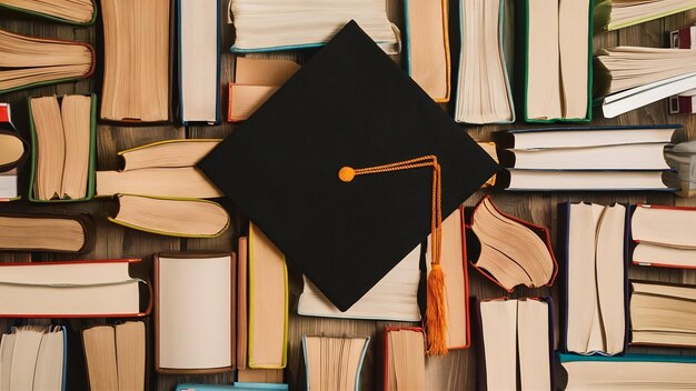 Foto arranjo de livros diferentes com um tampão de graduação