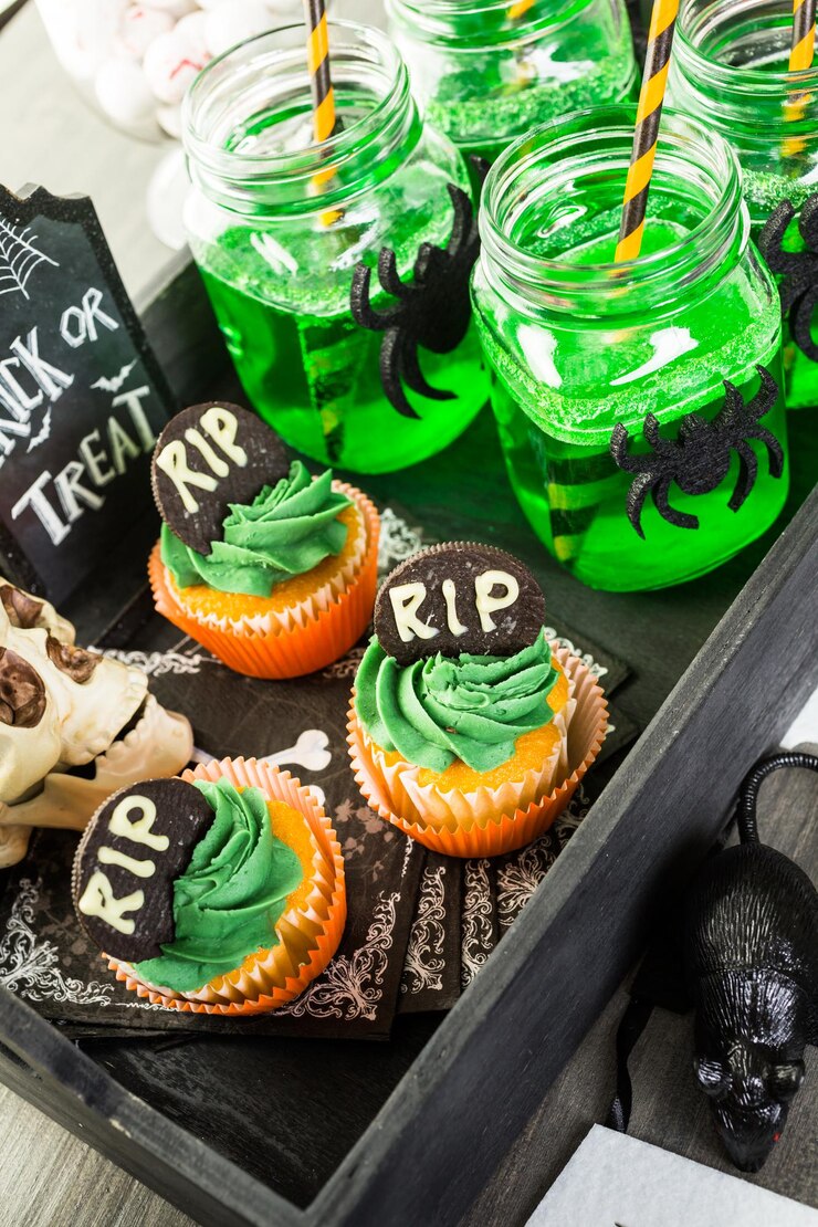 Foto arranjo de mesa de comida preparado para festa de halloween.