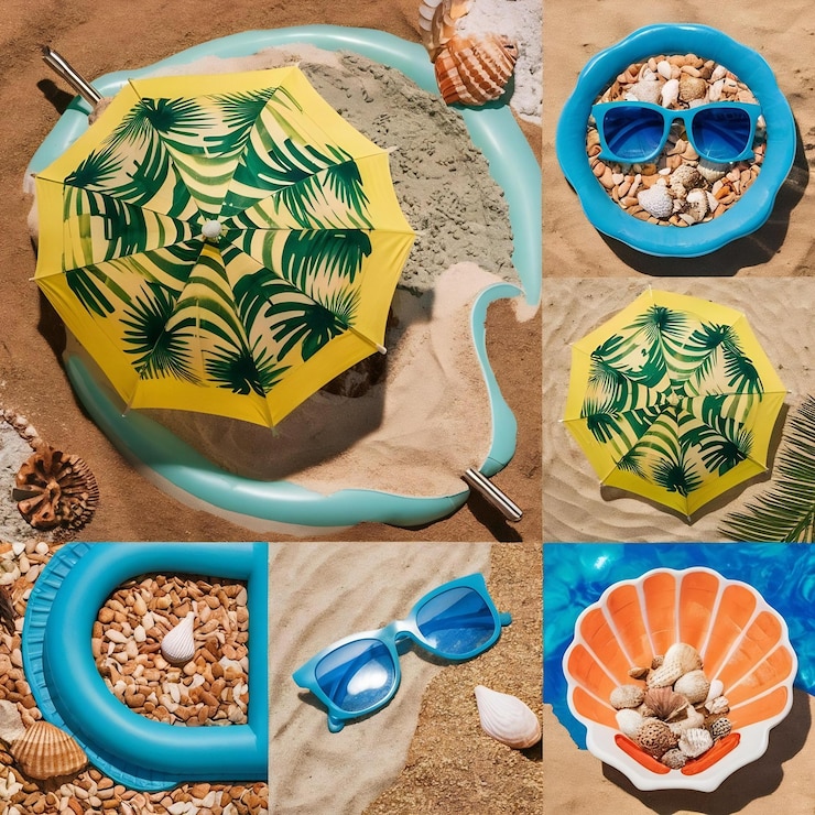 Foto arranjo de praia de verão feito de diferentes materiais