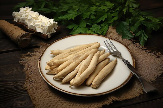 Arranjo de raízes nutritivas de mandioca Comida brasileira feita com IA