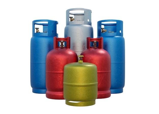 Foto arranjo de tanques de oxigênio metálico colorido