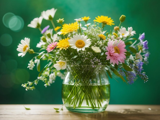 Arranjo de vaso de vidro de elegância de flores silvestres sobre fundo verde