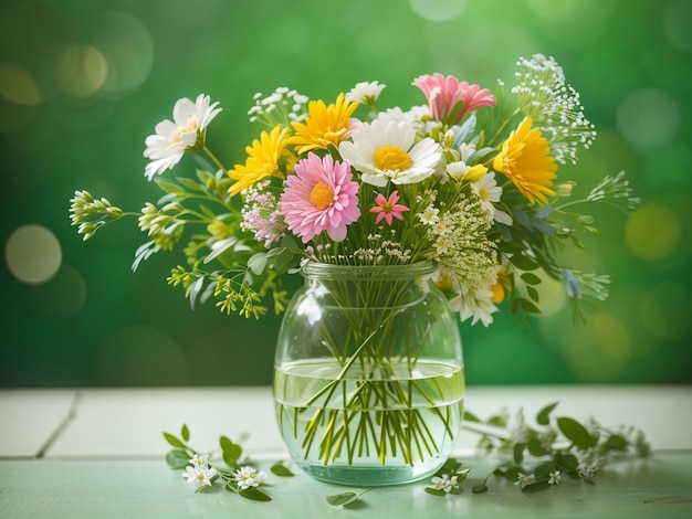 Arranjo de vaso de vidro de elegância de flores silvestres sobre fundo verde