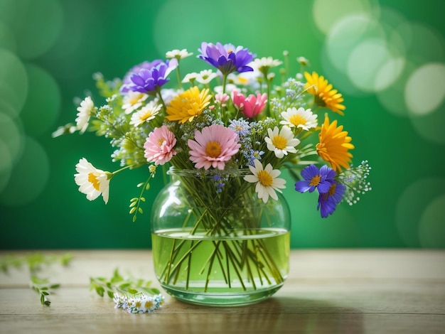 Arranjo de vaso de vidro de elegância de flores silvestres sobre fundo verde