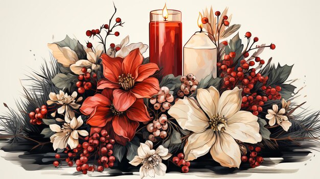 Arranjo de velas de natal com flores ano novo e conceito de advento cartão de natal