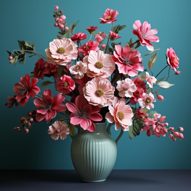 Arranjo de Verbena 3d Teal e Vaso Floral Rosa