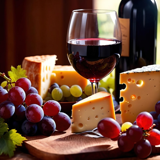 Arranjo elegante e luxuoso de uvas de vinho tinto e queijo