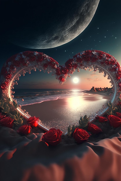 Arranjo em forma de coração de rosas em uma praia generativa ai