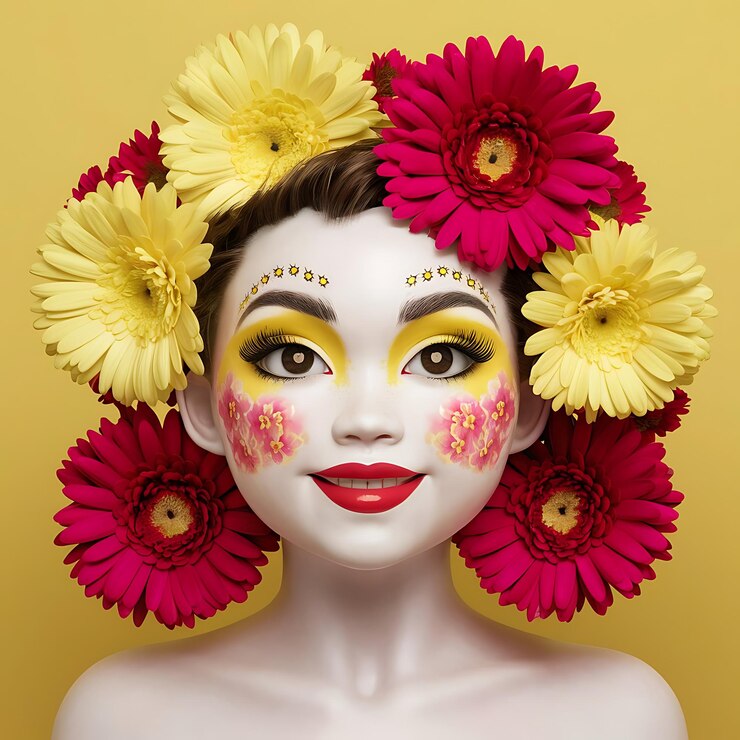 Foto arranjo floral cativante rodeou um belo retrato de menina ilustração de fundo amarelo