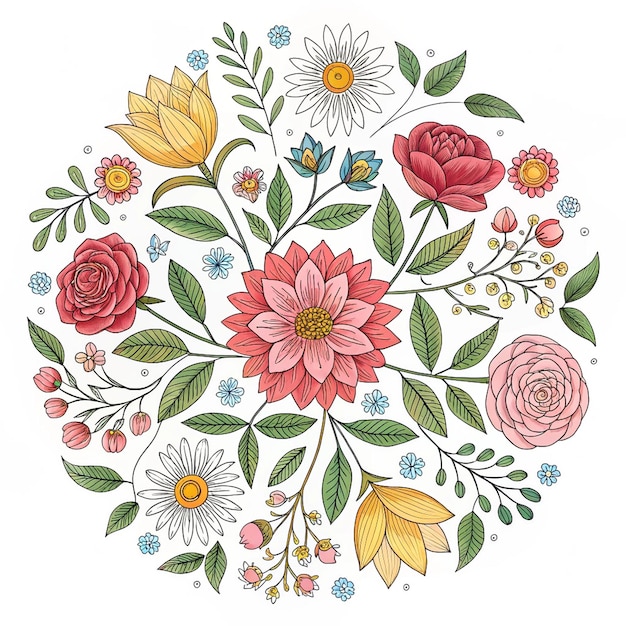 Arranjo floral colorido com várias flores e folhas em forma redonda