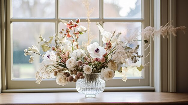 Arranjo floral com plantas e flores botânicas de outono de inverno ou início da primavera