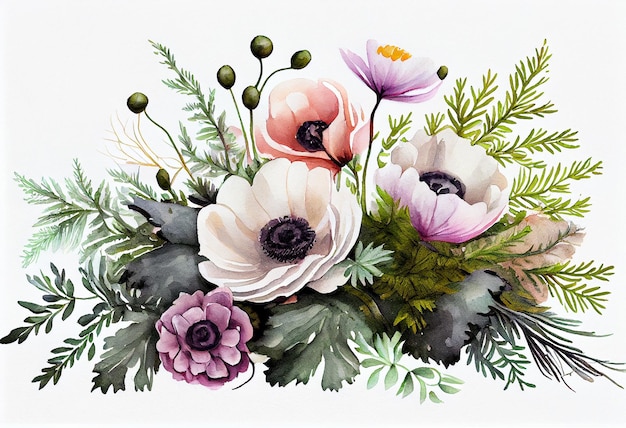 Arranjo floral de aquarela com ramos de anêmona e coníferas sobre fundo branco Generative ai