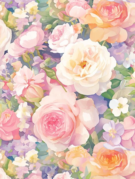 Arranjo floral de aquarela vibrante com rosas e várias flores em plena floração