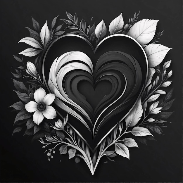 Arranjo Floral de Coração de Amor Bouquet de Flores Preto e Branco Ilustração Desenho de Cartão Escuro