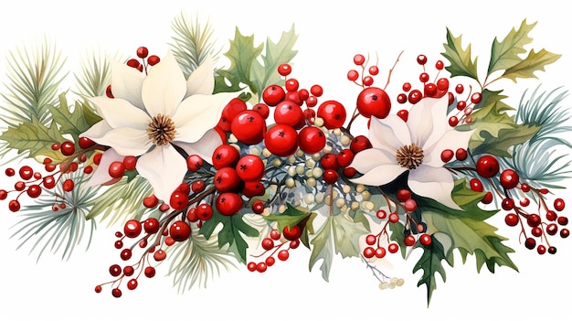 Arranjo floral em aquarela de Natal com folhas de azevinho
