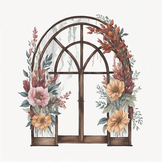 Arranjo floral na janela de madeira e uma moldura de janela