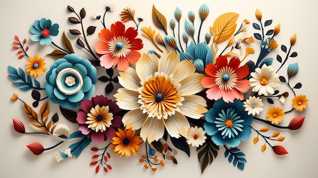 Arranjo floral um buquê de produtos de papel flores de papel multicoloridas brilhantes cenário de Páscoa