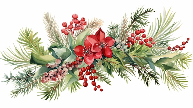 arranjos de abetos verdes de Natal e frutas vermelhas em fundo branco