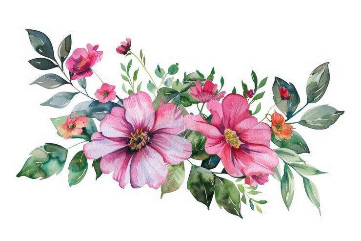 Arranjos de aquarela flores botânicas e buquês folhas florais de primavera com ilustração de moldura redonda em fundo branco