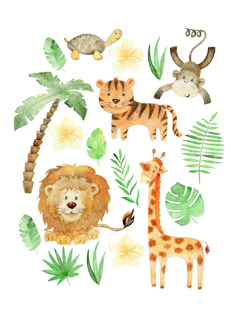 Arranjos em aquarela com decoração exótica de animais de safári em fundo branco