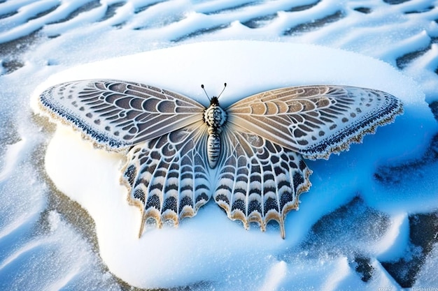 Arrastrándose sobre nieve mariposa en invierno con patrones generativos ai